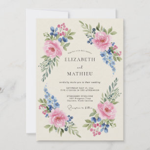 Invitation Mariage Peint au Blush et au Bleuet