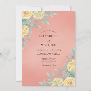 Invitation Mariage peint de fleurs sauvages corail