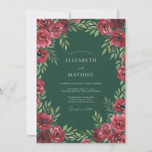Invitation Mariage peint d'émeraude cramoisie (Devant)