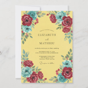 Invitation Mariage Peint en Teal et Bourgogne