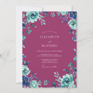Invitation Mariage Peint Magenta Sarcelle Pressé