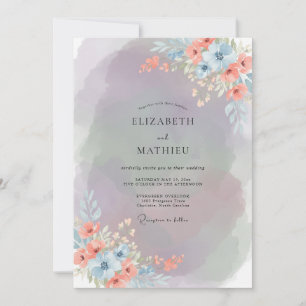 Invitation Mariage peint Pêche chaude et Pervenche