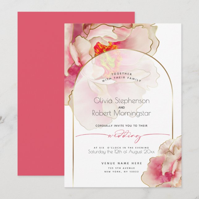 Invitation MARIAGE | Peony Rose de corail exotique (Devant / Derrière)