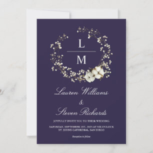 Invitation Mariage Personnalisé Dark Marine Bleu Fleurs blanc