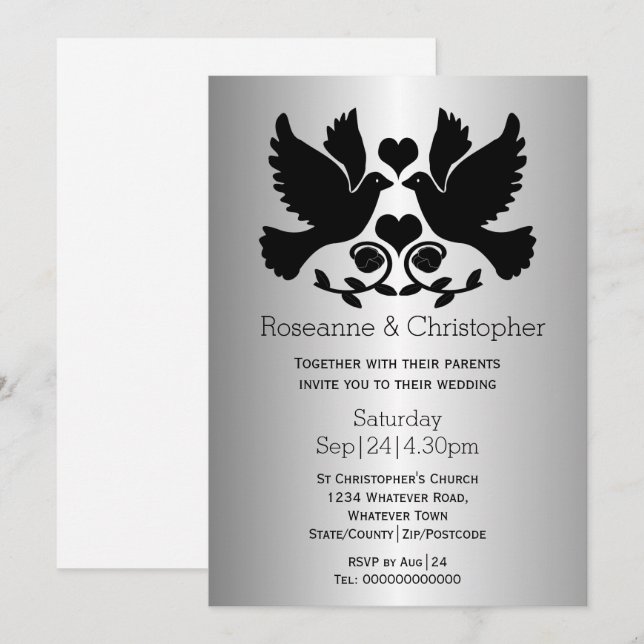 Invitation Mariage personnalisé de la colombe couleur argent (Devant / Derrière)