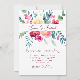 Invitation Mariage personnalisé floral aquarelle rose et fuch