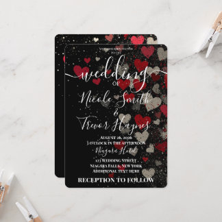 Invitation Mariage personnalisé Rétro Rouge Cœurs Tombants