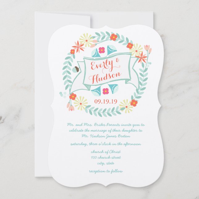 Invitation Mariage personnalisé vert et rose Garland (Devant)