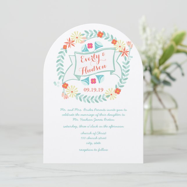 Invitation Mariage personnalisé vert et rose Garland (Debout devant)