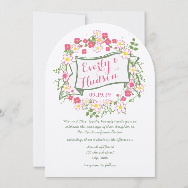 Invitation Mariage personnalisé vert et rose Garland (Devant)