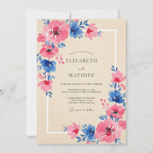 Invitation Mariage Petal Cobalt Magenta Pressé