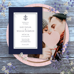 Invitation Mariage Photo Ancre Bleu Nuit Et Blanc