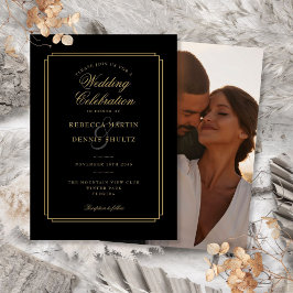Invitation Mariage photo Art déco Script noir et or