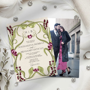Invitation Mariage Photo Art Nouveau Vintage Rose Bourgogne