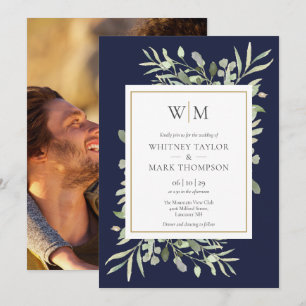 Invitation Mariage photo avec monogramme moderne sur fond de