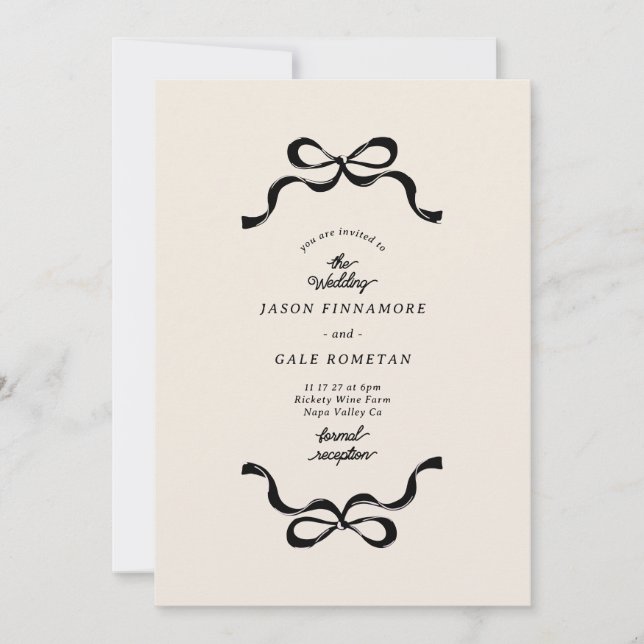 Invitation Mariage photo Black Cream Retro Bows (Devant)