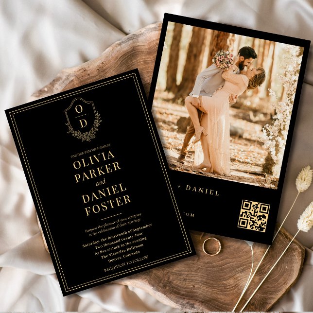 Invitation Mariage photo Black Gold QR Code Crest (Créateur téléchargé)