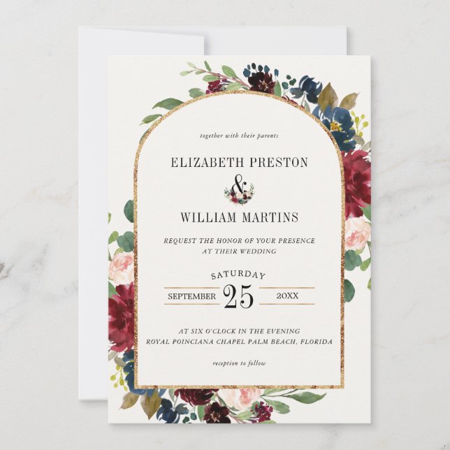 Invitation Mariage photo Bleu Floral Arch de la marine de Bou (Devant)
