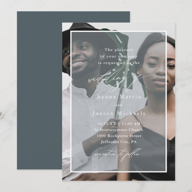 Invitation Mariage photo bleu moderne et élégant (Devant / Derrière)