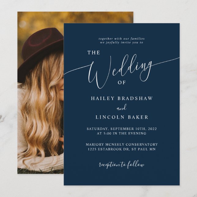 Invitation Mariage photo bleu moderne minimaliste (Devant / Derrière)