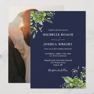 Invitation Mariage Photo Bleu Nuit de Verdure d'Eucalyptus