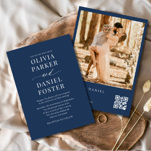 Invitation Mariage photo bleu QR Code de la marine classique