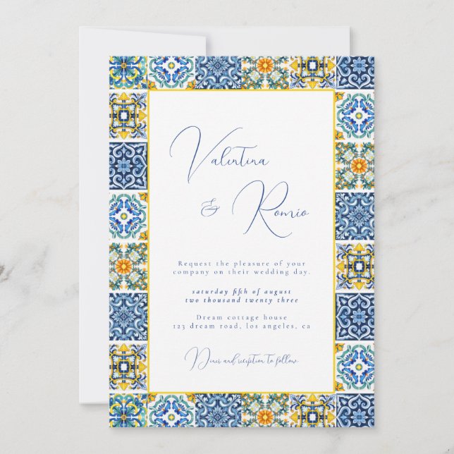 Invitation Mariage photo Blue Mediterranean Tile et agrumes (Devant)