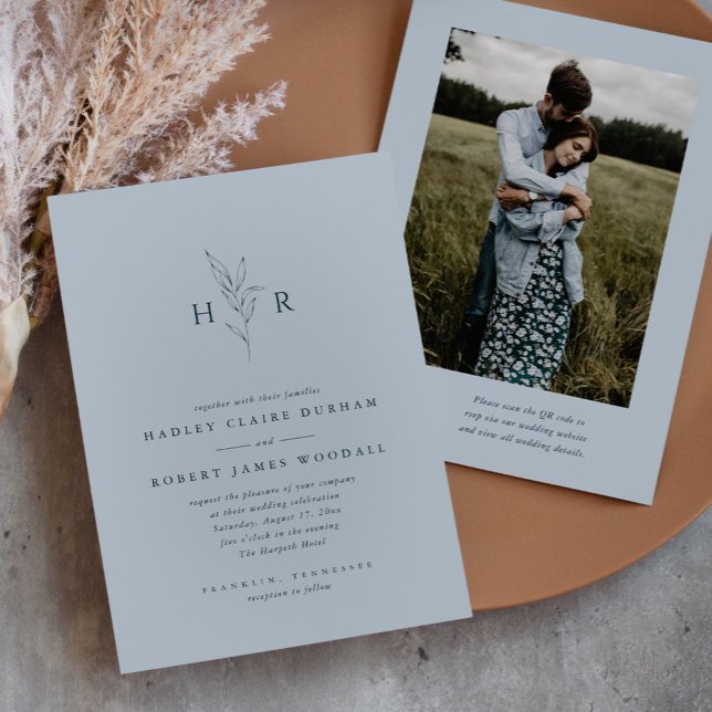 Invitation Mariage photo Blue Simple Monogramme QR Code (Créateur téléchargé)