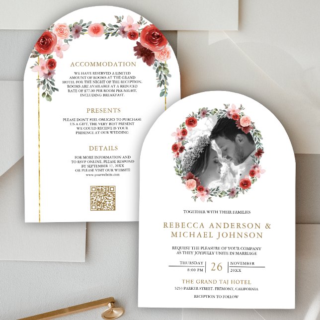 Invitation Mariage photo Blush Pink Burgundy Floral Arch (Créateur téléchargé)