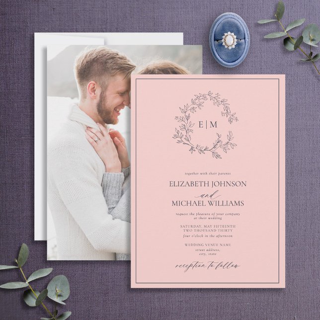 Invitation Mariage photo Blush Pink Navy Blue Monogram (Créateur téléchargé)