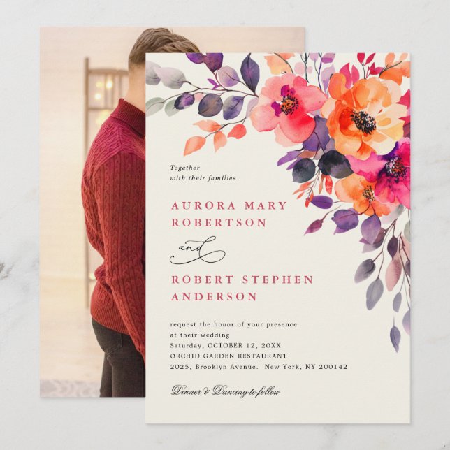 Invitation Mariage photo Bold Pright Rose Orange (Devant / Derrière)