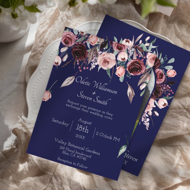 Invitation Mariage photo botanique bleu marine et bourgogne (Elegant Navy Blue and Burgundy Blush Floral Wedding Invitation with Photo Arch)
