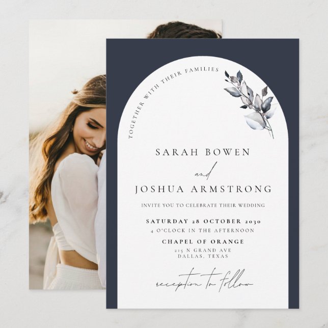 Invitation Mariage photo botanique de l'arc bleu de la marine (Devant / Derrière)