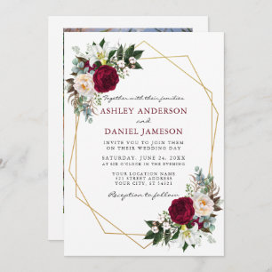 Invitation Mariage photo Bourgogne Floral Greenery Gold Frame