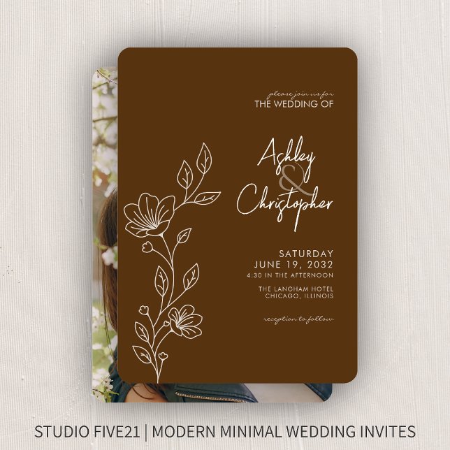 Invitation Mariage photo Brown de feuillage de noix moderne (Créateur téléchargé)