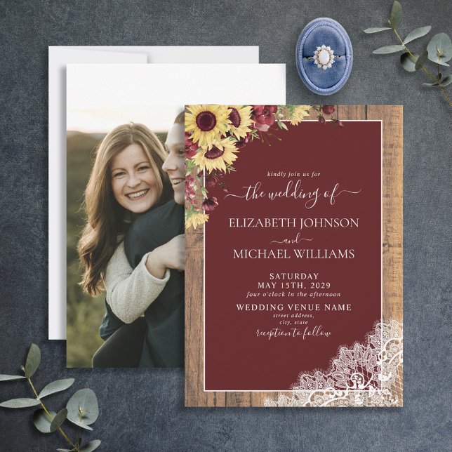 Invitation Mariage photo Burgundy Sunflower Wood Script (Créateur téléchargé)