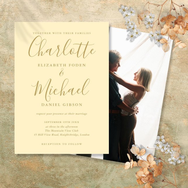 Invitation Mariage Photo Buttercup Jaune Et Script Or (Buttercup Yellow And Gold Script Photo Wedding Invitation)