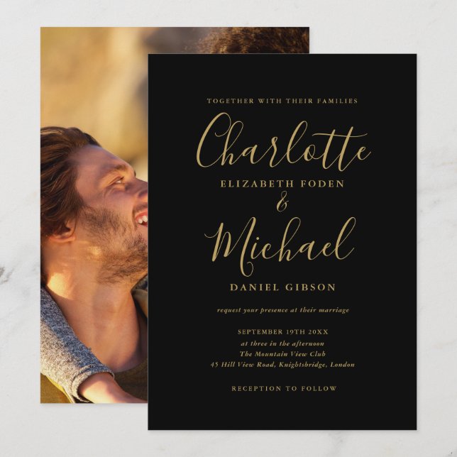 Invitation Mariage photo Chic Black And Gold Signature Script (Devant / Derrière)