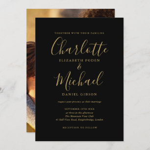 Invitation Mariage photo Chic Black And Gold Signature Script