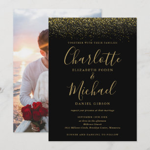 Invitation Mariage photo chic noir et doré avec écriture pail