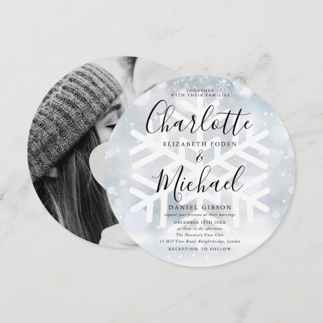 Invitation Mariage photo circulaire des flocons d'hiver (Devant / Derrière)