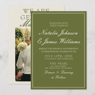 Invitation Mariage Photo Classe en Vieux Argent Olive Verte