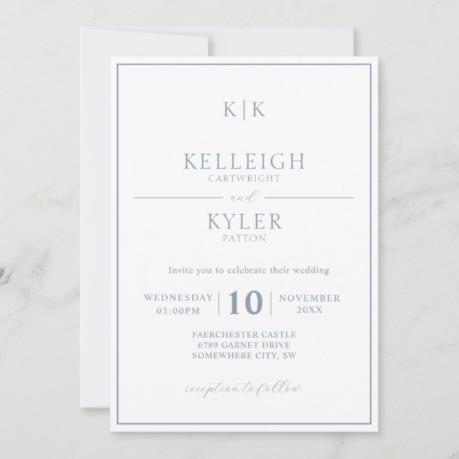 Invitation Mariage photo classique Dusty Blue Monogram (Devant)