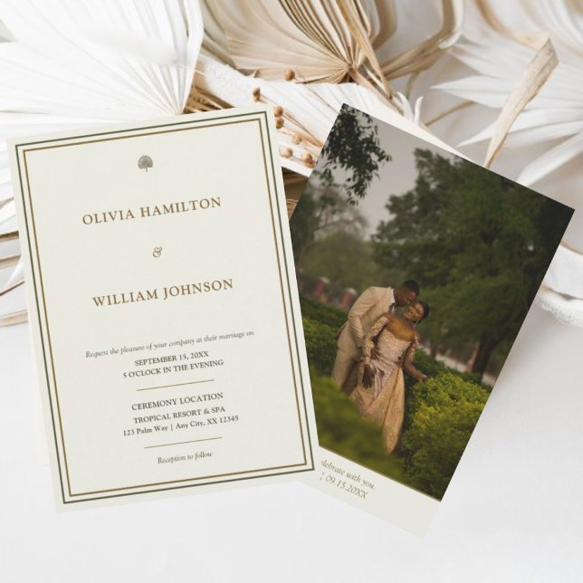 Invitation Mariage photo classique ivoire et or 5x7 typograph (Elegant ivory & gold wedding invitation with personalized photo back, a modern and timeless design.)