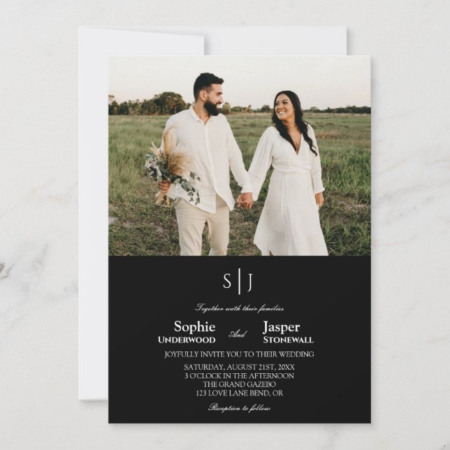 Invitation Mariage photo classique moderne en noir clair (Devant)