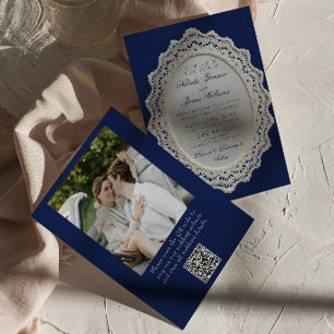 Invitation Mariage Photo Code QR Broderie Bleu Marine Vintage