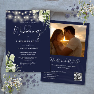 Invitation Mariage photo Code QR de la Marine Blue Green Ligh