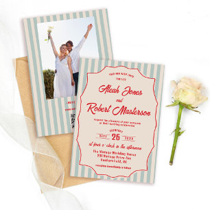 Invitation Mariage photo code QR rétro écriture rouge rayure