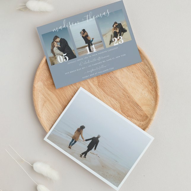 Invitation Mariage photo Collage de script bleu foncé moderne (Créateur téléchargé)