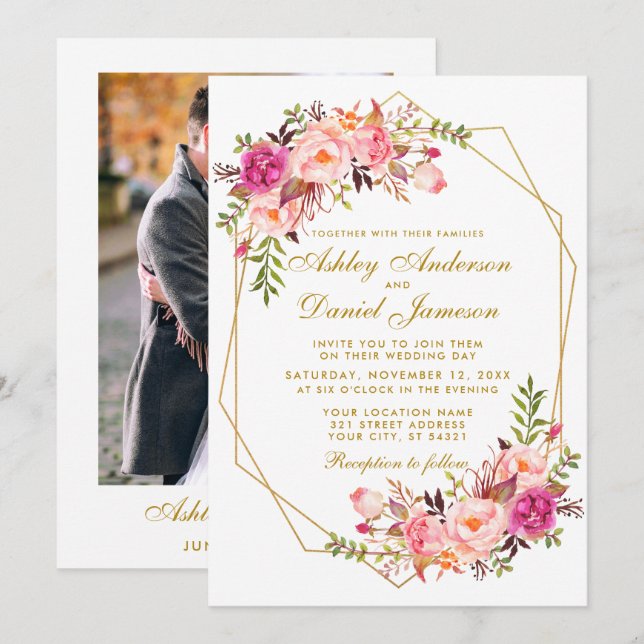 Invitation Mariage photo couleur or floral rose géométrique (Devant / Derrière)